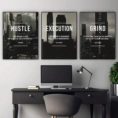 3Pcs Black And White Cityscape Canvas Wall Art, Hustle Grind Execution Inspirational Quote Poster Print, Entrepreneur Motivational Picture For Corporate Office, Conference Room Decor (No Frame)