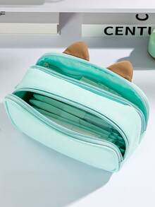1pc Cute Mint Cat Ita Pencil Bag, Transparent Visible Front Pocket, 3D Cat Ear Design, Large Capacity Girly Stationery Pouch, Ideal For Students, Handcraft Lovers And Daily Stationery Storage,Back To School - Pencil Case - View 4