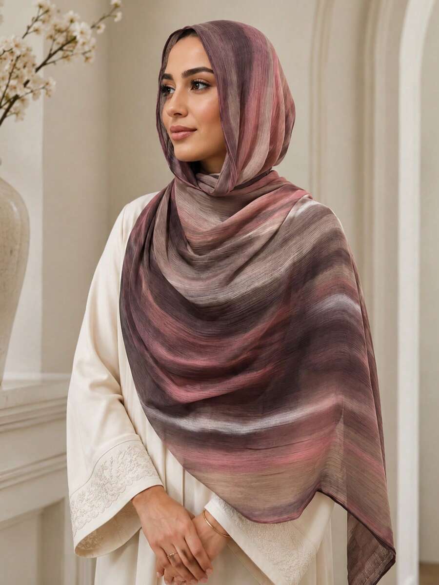 Women's Handmade Tie-Dye Contrast Gradient Hijab Scarf, Soft Lightweight Breathable Large Headscarf Shawl, Suitable For Muslim Women, Vintage Bohemian Style - Lotus Root Pink #22 - View 1