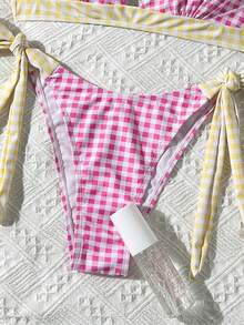 Sunny Chic 2-Piece Bikini Set - Sexy Pink Plaid Swimwear With Yellow Tie And Halter Neck Design, Perfect For Beach And Pool Vacation Summer - Multicolor - View 5
