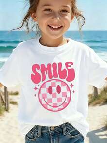 Camiseta de manga corta con estampado de cara sonriente linda para niños, estilo casual, adecuada para niñas, cómoda y transpirable, una pieza personalizada - Blanco - Ver 2