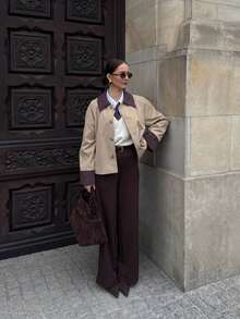 Corduroy Trim Detail Jacket, Classic Earth Tone Overshirt For Chic Street Style - Apricot - View 8