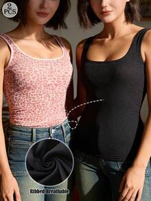 2pcs Women Leopard Print & Solid Color Elastic Rib Knit Camisole, Round Neck Sleeveless Tank Top, Casual Basic Vest - Multicolor - View 1