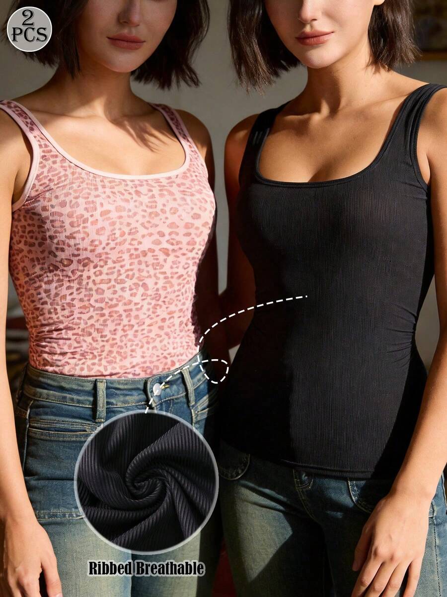 2pcs Women Leopard Print & Solid Color Elastic Rib Knit Camisole, Round Neck Sleeveless Tank Top, Casual Basic Vest - Multicolor - View 1