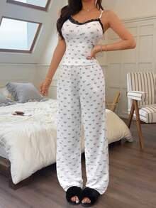 Conjunto de pijama de 2 piezas con top de camisola con lazo y patchwork de encaje & pantalones largos, cómodo y elegante, ropa de estar en casa - Blanco - Ver 4