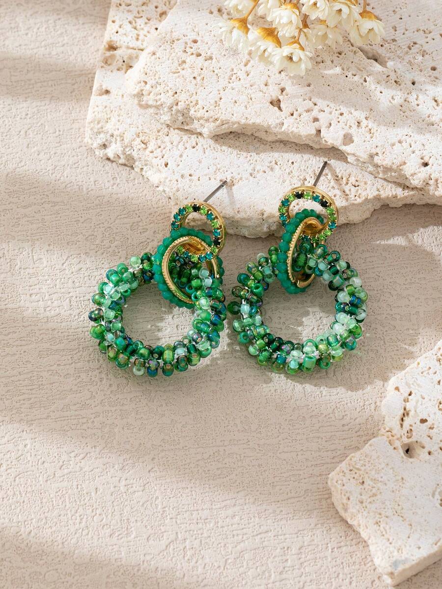1 Pasang Anting Gantung Manik-Manik Vintage Bohemian Multi-Cincin, Desain Melingkar Berlapis Buatan Tangan dengan Aksen Kristal Buatan, Cocok untuk Festival, Pesta, dan Pemakaian Sehari-hari, Dirancang untuk Membuat Anda Menjadi Pusat Perhatian di Setiap Kesempatan, Buatan Tangan, Bentuk dan Warna Mungkin Berbeda, Pola dan Posisi Warna Acak - Hijau - View 1