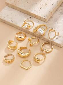 11pcs/Set Elegant Fashion Geometric Exaggerated Inlaid Faux Pearl Metal Asymmetrical Water Drop Stacked Charm Jewelry Ring Set, Luxurious Light Luxury, Wedding Banquet, Vacation Party, Daily Casual, Street Photography, Women Couple Holiday Birthday Versatile Ring Gift - Ring - View 6