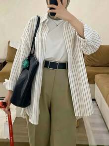 女款休閒條紋襯衫女裝，前開扣口袋領長袖，時尚條紋風格，夏季穿搭棕色 - 棕色 - 查看 2