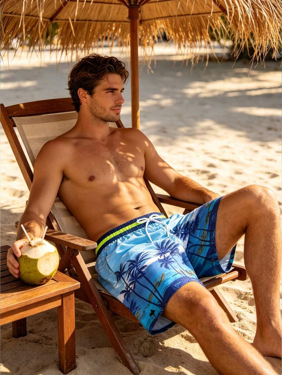 2PCS Men's Swim Trunks Beach Pants, Mesh Lined, Unlined, Compressed, Quick-Drying, Zipper Pockets For Surfing In Beach Pools - A - View 1