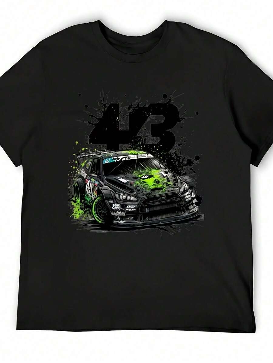 1 pièce, t-shirt graphique de course automobile Ken Block - Noir, t-shirt à manches courtes surdimensionné avec un motif d'une voiture de course 43, des motifs géométriques et un imprimé de numér - Noir - Voir 1
