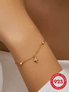 1 pieza Pulsera de plata de ley S925 con estrella de cuatro puntas y strass, diseño personalizado de moda, estilo clásico europeo y americano de lujo ligero, exquisita, elegante, de alta gama, diseño único, versátil para uso diario, fiesta, casual, accesorio de moda de nicho, regalo - Estrella de cuatro puntas - Ver 9