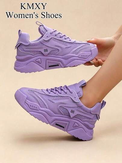 2026 New Women's Sports Shoes - Thick Sole Sneakers, Spring/Summer Style, Height Increasing, Black & White Colorway, Breathable Mesh Patchwork