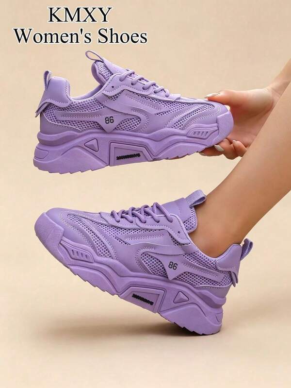 2026 New Women's Sports Shoes - Thick Sole Sneakers, Spring/Summer Style, Height Increasing, Black & White Colorway, Breathable Mesh Patchwork