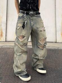 1pc Men's Distressed Wide Leg Jeans, American Vintage Ripped High Street Casual Loose Long Pants (Product Does Not Include Belt And Accessories) - Blue - View 6