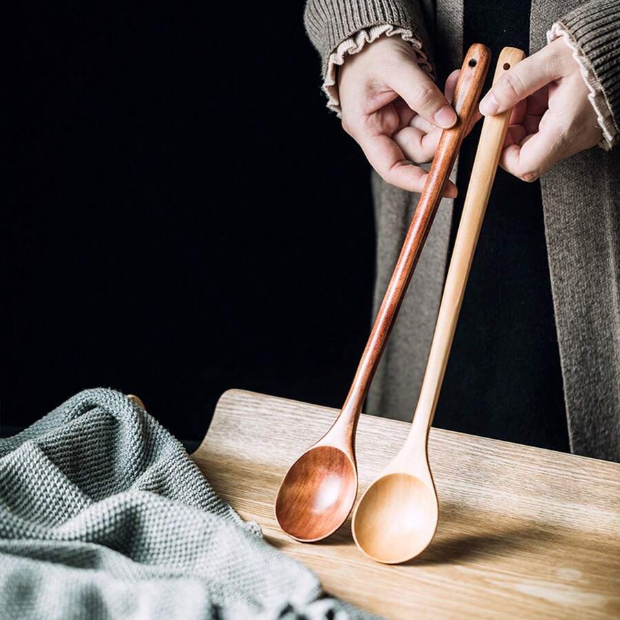 4pcs 13inch/33cm Long Handle Wooden Cooking Spoons, Mixing Spoons - Apricot - View 1