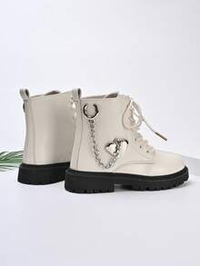1 Pair Sweet Cool Heart Chain Ankle Boots For Girls, Spring Autumn Thick Sole Anti-Slip Motorcycle Boots, Versatile Soft Leather Kids Boots - White - View 2