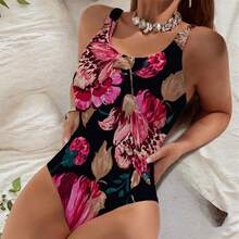 Bold Floral Velvet Night Tie Dye Printed One Piece Swimsuit Women Crewneck Tummy Control Bathing Suit Slimming Plus Size Monokini Athletic Swimwear - Black - View 5