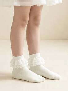 4 Pairs Solid Color Cotton Lace Trim Double Layer Princess Ballet Dance Socks For Kids & Toddlers - Champagne - View 3