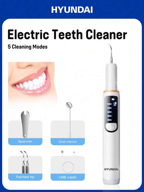 HYUNDAI Cepillo de dientes eléctrico premium - Eliminación poderosa de placa/sarro, 5 modos de limpieza ajustables, cabezales de cepillo reemplazables, eliminación fácil de manchas - Dispositivo de higiene bucal profesional para el hogar. Apto para humanos y mascotas, especialmente para encías sensibles, incluye eliminador de sarro, juego de limpieza dental