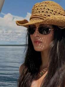 1pc Vintage Hollow Wide Brim Straw Hat, Suitable For Spring/Summer Outdoor Travel, Beach Vacation Wear, Hand-Woven Breathable Sun Protection Western Cowboy Panama Straw Hat, Unisex - A - View 4