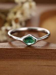 1pc Asymmetric Band Oval Zirconia Ring For Women, Dainty Minimalist Thin Silver Tone Stackable Finger Ring Daily Jewelry Gift - Simple Ring - View 9