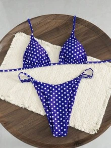 女款印花掛脖綁帶式兩件式泳衣，性感時尚優雅風格，年輕休閒浪漫，適合夏季度假海灘 - 寶藍白點 - 查看 2