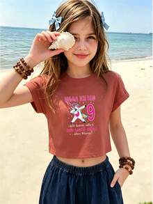 Camiseta de manga corta de verano para niñas, camiseta ajustada, tela de punto de algodón, estilo callejero de moda, lindo, estilo de dibujos animados, estampados divertidos - Marrón rojizo - Ver 2