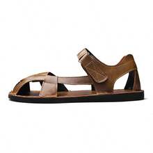 Summer New Roman Casual Men's Shoes Sandals Hand-Sewn Hook And Loop Flat Shoes Headband Shoes - Brown - View 4