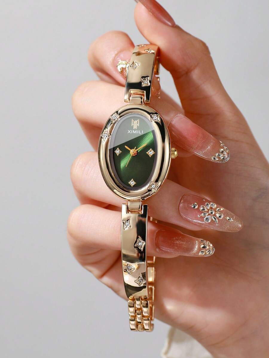Women's Elegant Star Rhinestone Open Cuff Bracelet Quartz Watch With Oval Rhinestone Dial, Gift For Girlfriend (1pc/Set) Watch Box Not Included - Gold - View 1