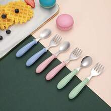 2pcs Stainless Steel Fork & Spoon Set For Toddlers, Children's Baby Feeding Utensils, Rounded Handle Portable Lunch Box Baby Eating Spoon & Fork, Back To School - Multicolor - View 7