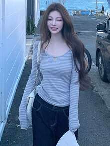Spring/Autumn Casual Striped Long Sleeve T-Shirt - Blue and White Stripes - View 3