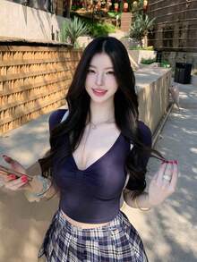 韓式復古拼接扭結短袖女款夏季修身顯瘦百搭慵懶休閒短版上衣 - 藏蓝色 - 查看 2