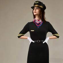 6件組女性空服員與飛行員制服配件套裝，包含飛行員帽、白色手套、肩章、領帶、圍巾，適合Cosplay、派對、音樂節等場合 - 彩色 - 查看 6