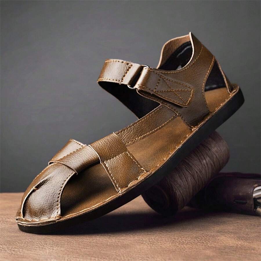 Summer New Roman Casual Men's Shoes Sandals Hand-Sewn Hook And Loop Flat Shoes Headband Shoes - Brown - View 1