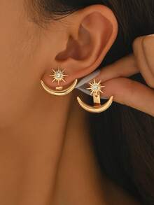 1 Pair Fashionable Elegant Star & Moon Shaped Earrings, Sun With Rhinestones + Crescent Moon Design, Double Layer Stacked Style, Delicate & Lightweight Luxury, Suitable For Commute And Date Outfits - Yellow Gold - View 1