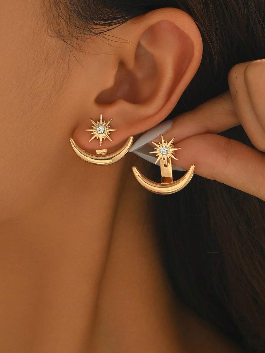 1 Pair Fashionable Elegant Star & Moon Shaped Earrings, Sun With Rhinestones + Crescent Moon Design, Double Layer Stacked Style, Delicate & Lightweight Luxury, Suitable For Commute And Date Outfits - Yellow Gold - View 1