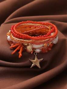 7pcs/Set Bohemian Beach Vacation Style Shell, Starfish And Bead Elastic Bracelet Set, Suitable For Vacation And Daily Wear (Handmade Beads, Bead Quantity And Order Position Random) - Starfish - View 1