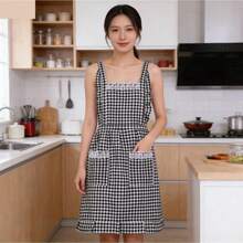 Cute Lace Trim Plaid Apron #Dual-Tone Plaid Apron #Cute Style Apron #Kitchen Apron #Women's Apron #Hand-Wiping Apron #Adjustable Apron #Apron With Large 3D Pockets - One Size Fits All - View 8