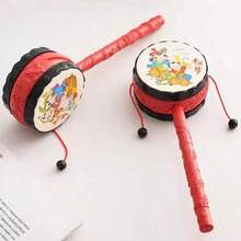 Traditional Chinese Style Rattle Drum, Classic Hand-Shaken Toy, Rattle Toy, Produces Sound By Shaking The Rope-Attached Weight To Strike The Drum Surface, Features Chinese New Year Painting Style Design, Red Carved Handle, Combines Traditional Rattle Drum Structure With Chinese Cultural Theme Design, Random Style - 彩色 - 查看 5