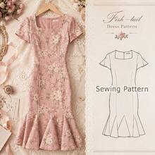 Elegant Women's Mermaid Dress Sewing Pattern, Square Neck Trumpet Hem Flared Dress Square Neck Flutter Sleeve Clothing Template, Sewing Sizes EU 36-44 / US 6-14 - A - View 1