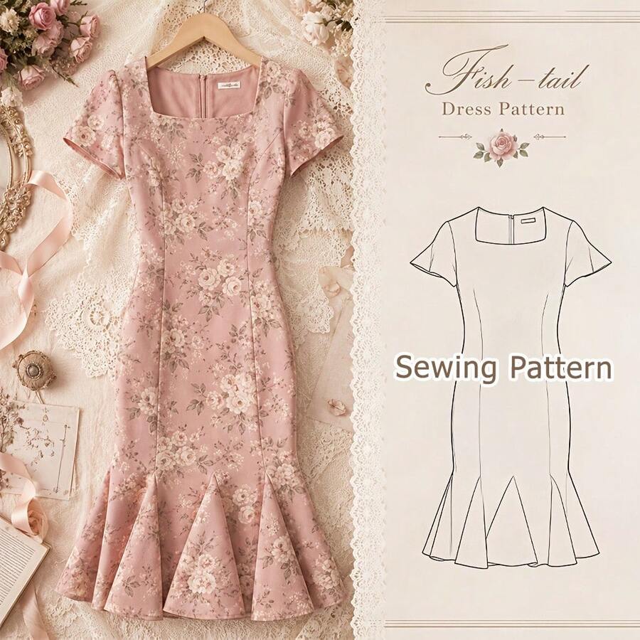 Elegant Women's Mermaid Dress Sewing Pattern, Square Neck Trumpet Hem Flared Dress Square Neck Flutter Sleeve Clothing Template, Sewing Sizes EU 36-44 / US 6-14 - A - View 1