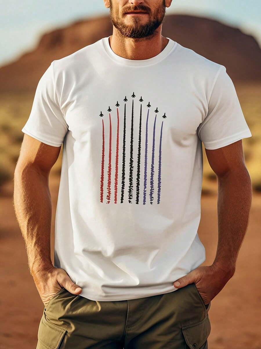 Cadou de Ziua Independenței 4 Iulie - Tricou pentru bărbați cu imprimeu direcțional pe față, mânecă scurtă - Tricouri confortabile și respirabile - Topuri casual și la modă - alb - Vizualizare 1