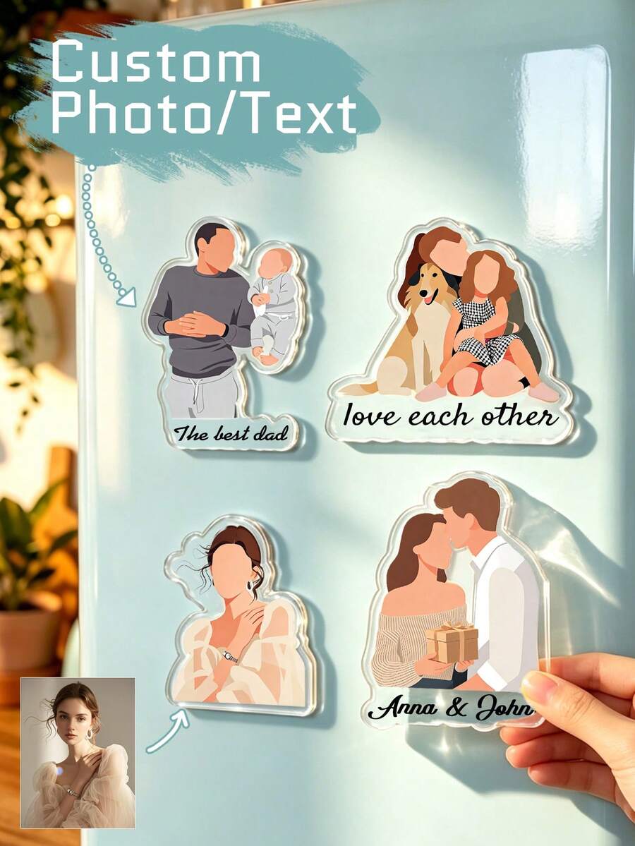 Custom Photo Fridge Magnet, Personalized Acrylic Refrigerator Magnet, Minimalist Home Decor, Customized Text Faceless Portrait Magnet, Customizable Keepsake Gift For Couple, Family Gift, Housewarming Gift, Anniversary Gift, Birthday Gift, Christmas - Style a - View 1