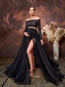 Faeriesty 2pcs Maternity Dress Set, Including Off-Shoulder Lace Top And Sheer Skirt With High Slit Black - Black - View 4