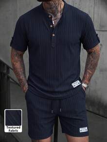 男士春夏 3 扣亨利领短袖衬衫和抽绳短裤纯色提花休闲度假 2 件套 - 寶藍色 - 查看 3