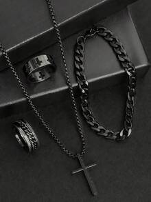 4pcs/Set Minimalist Style Men's Jewelry Set, Includes Black Cross Necklace, Bracelet And 2 Rings, Suitable For Business, Commute And Casual Occasions - Perfect Birthday Gift For Boyfriend/Son - Multicolor - View 5
