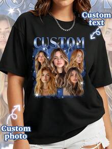 Plus Size Custom Photo T-Shirt, 90s Retro Portrait Print T-Shirt, Add Photo And Text, Black Summer Birthday Custom Gift, Personalized Gift - Black - View 4