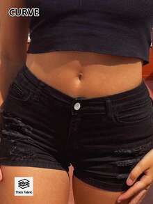 Damen-Mode Sexy Lässig Mittlere Taille Stretch Distressed Große Größen Denim Shorts Sommer Schwarz - Schwarz - Übersicht 7