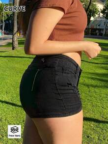 Damen-Mode Sexy Lässig Mittlere Taille Stretch Distressed Große Größen Denim Shorts Sommer Schwarz - Schwarz - Übersicht 9