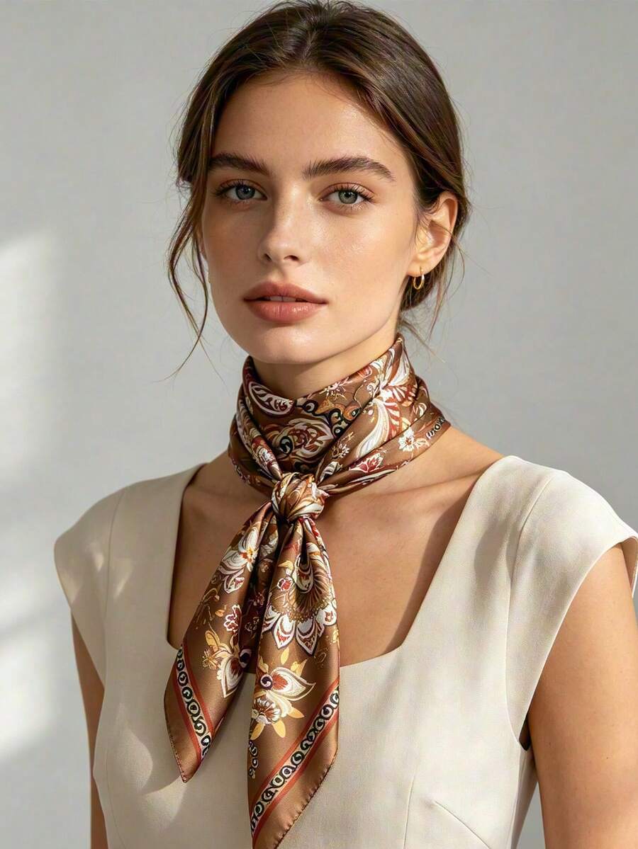1pc 65*65cm Coffee Brown Ornate Full Floral Paisley Print Satin Imitation Silk Scarf Thin Multi-Use Scarf For Neck/Shawl/Waist All Seasons Daily Party - Multicolor - View 1